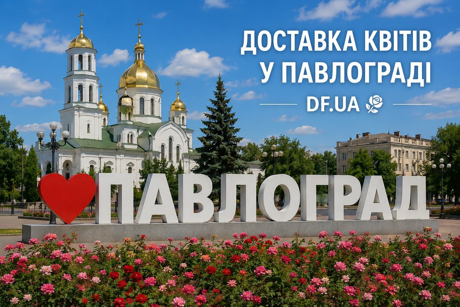 DF.UA - надійна доставка квітів у Павлограді на кожен день Доставка квітів у Павлограді від DF.UA на фоні Соборної площі