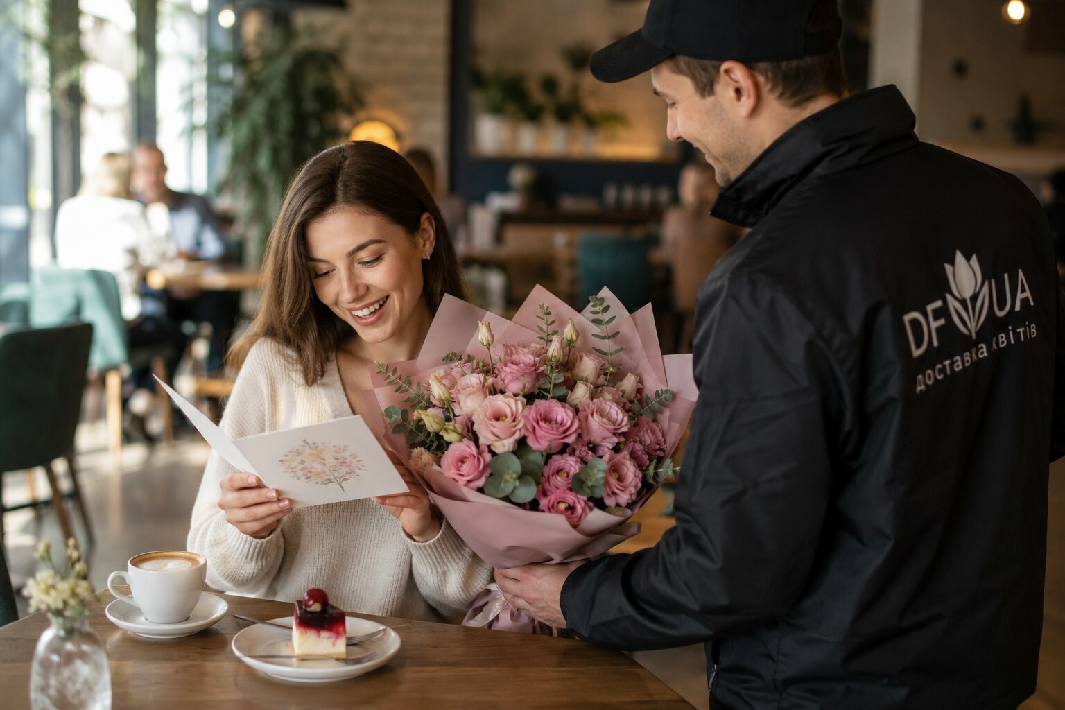 Кур’єр дарує букет дівчині в кафе, щаслива мить вручення Кур’єр вручає букет квітів дівчині в кафе